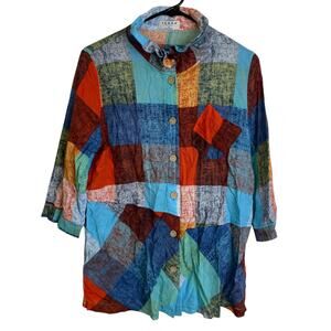 TERRA SJ Apparel Shirt Womens Medium Button Up Wire Collar Check Multi Lagenlook